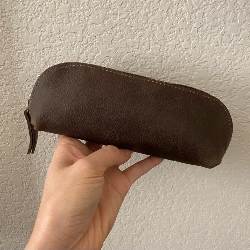Crazy Horse Real Leather Brown Zipper Pencil Pouch Makeup Bag
